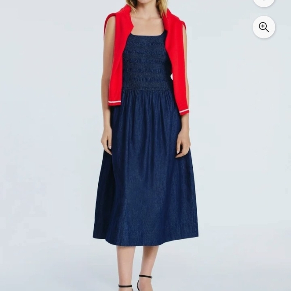 NWT Sleeveless Smocked Cotton Midi Dress Denim Blue Large Fit & Flare Square N. - Picture 2 of 4